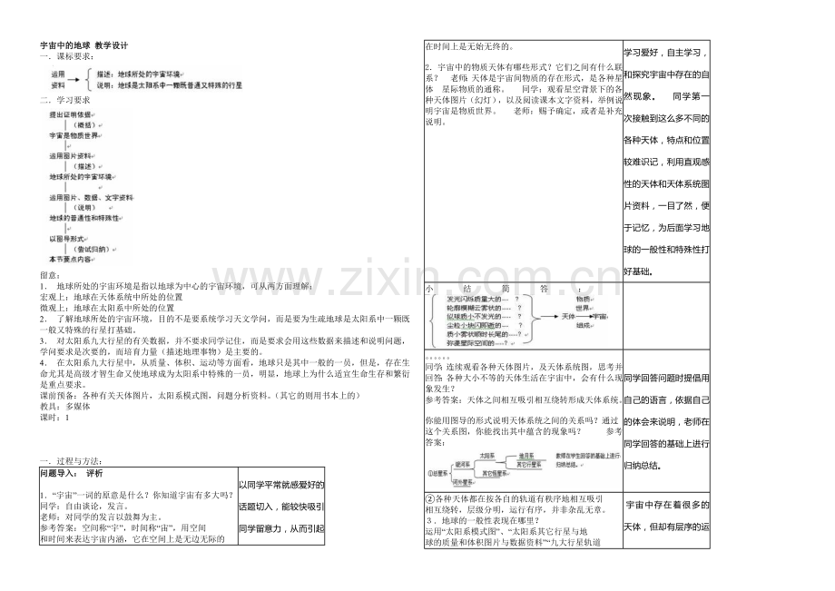 2020年新人教版高中地理必修1：教学设计1.1《宇宙中的地球》.docx_第1页