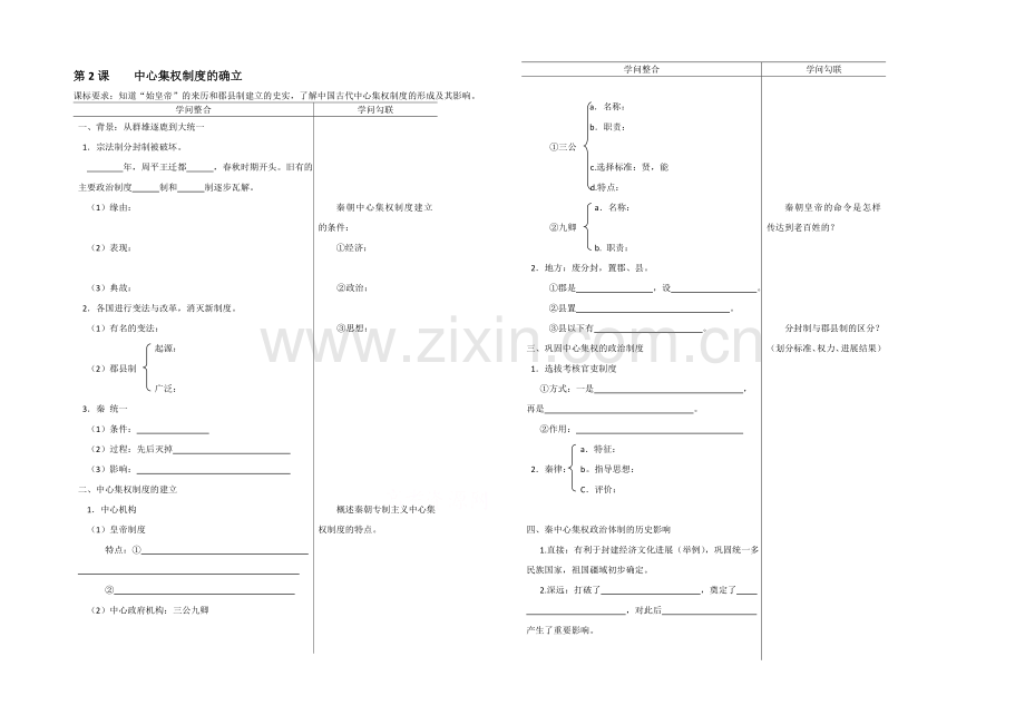 高中历史岳麓版必修一同步学案：第2课-中央集权制度的确立.docx_第1页