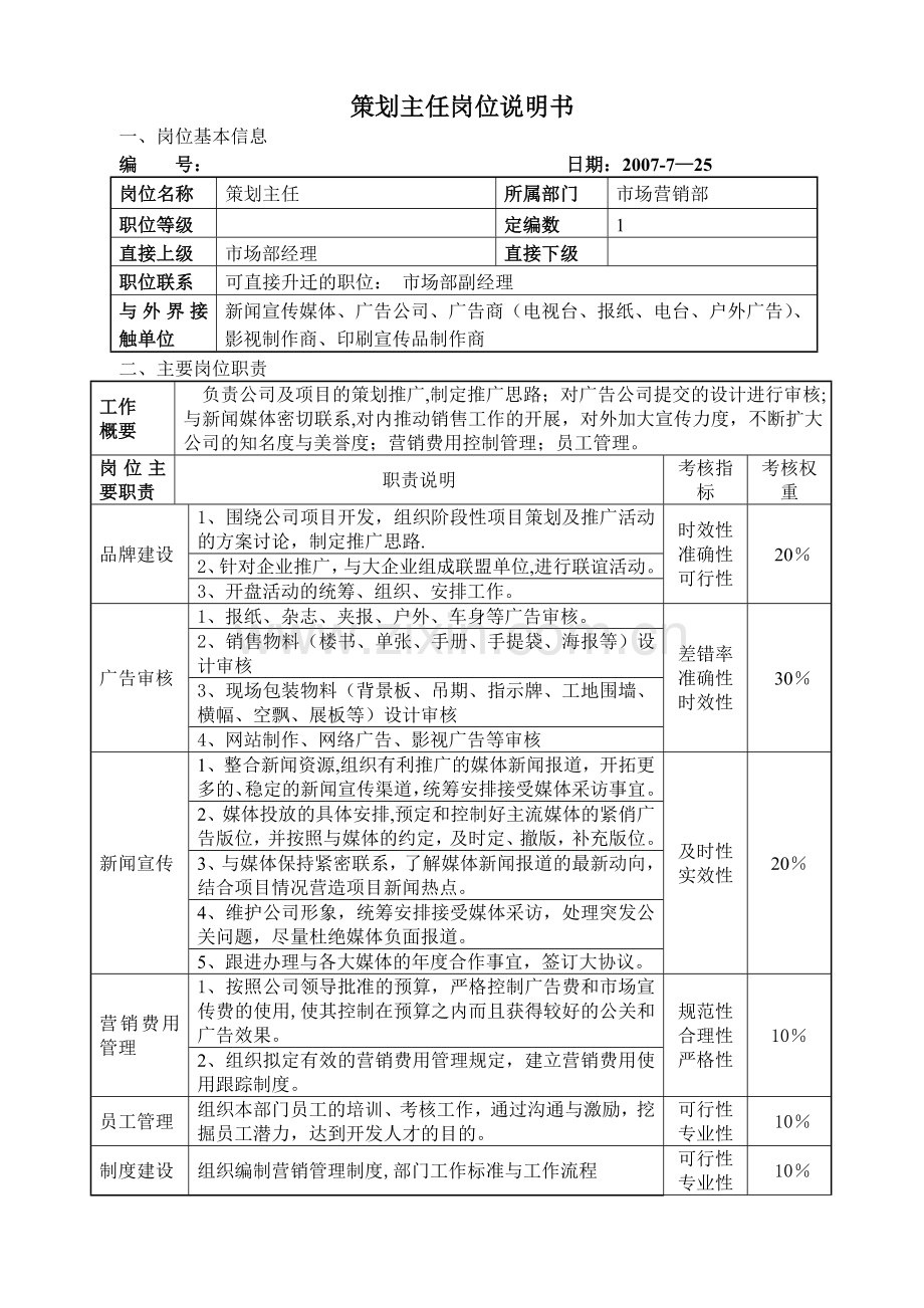 策划主任岗位责任书.doc_第1页