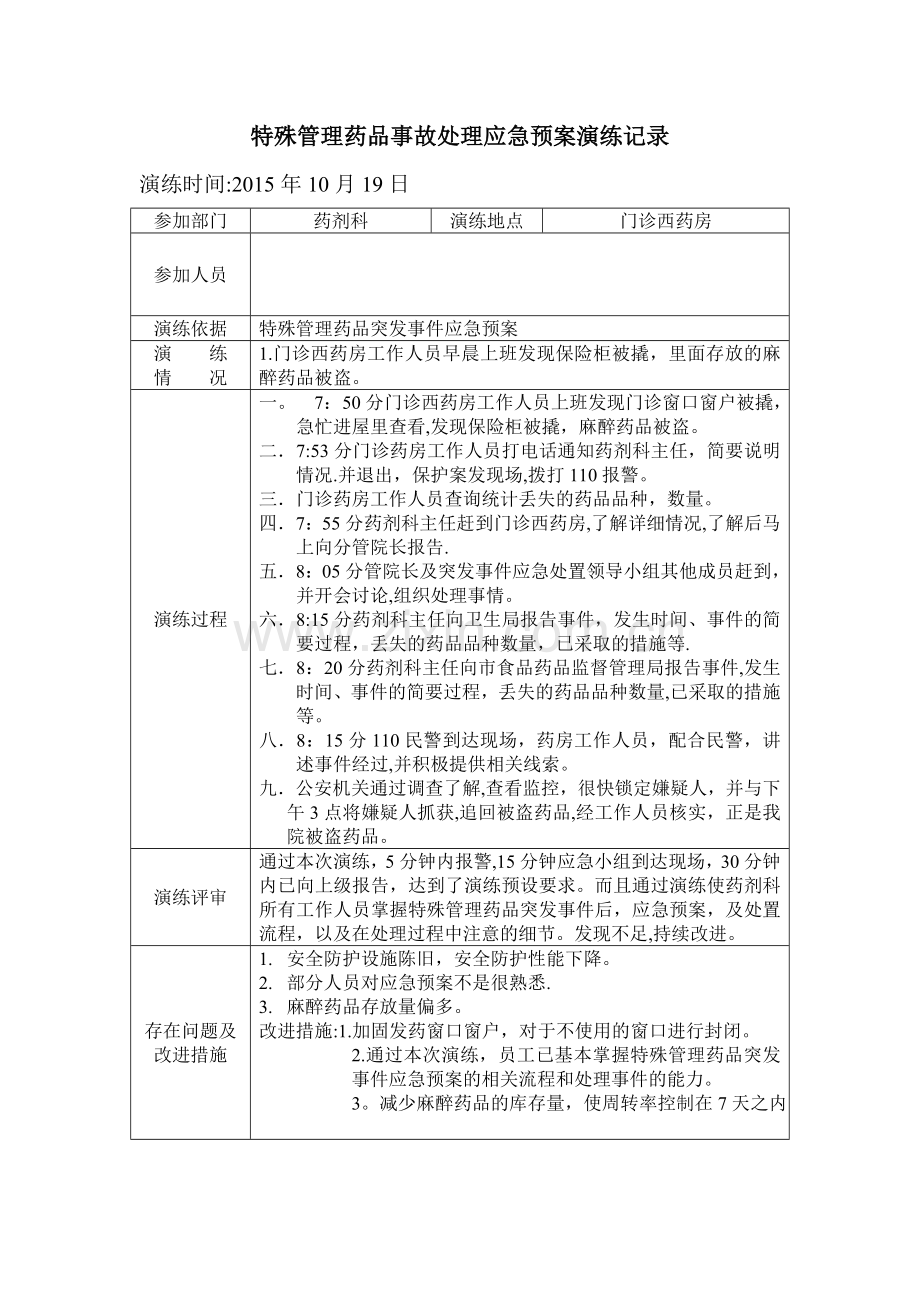 特殊管理药品事故处理应急预案演练记录.doc_第1页