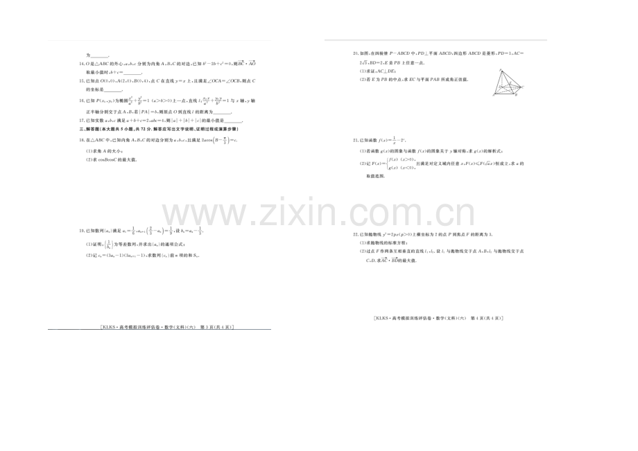 浙江省2021届高三高考模拟训练评估卷(六)数学(文)-扫描版含答案.docx_第2页