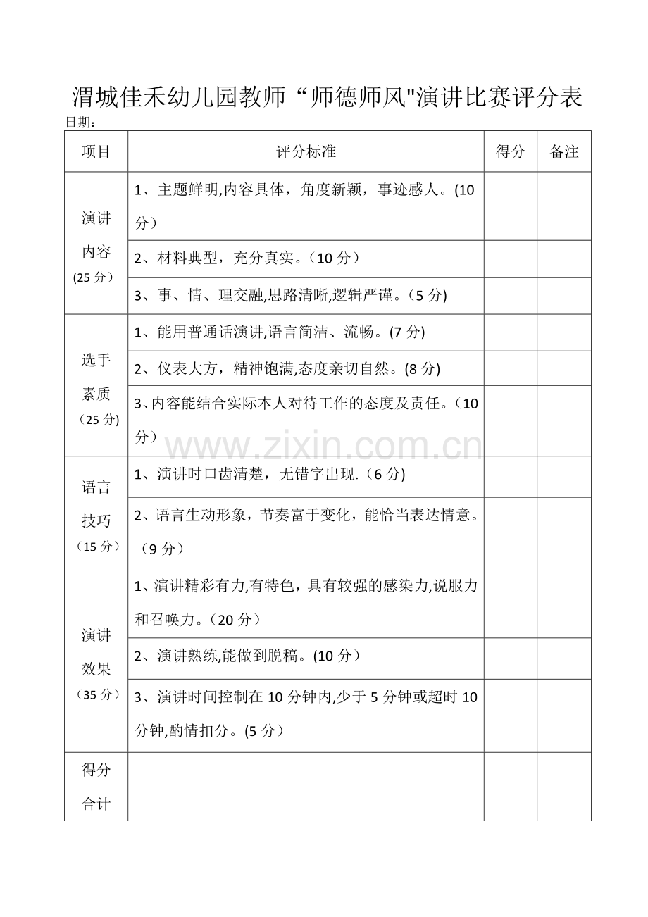 师德师风演讲比赛评分表.doc_第1页