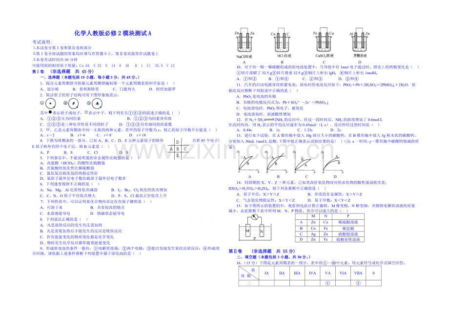 2013-2020学年高一下学期化学人教版必修2-模块测试A.docx_第1页