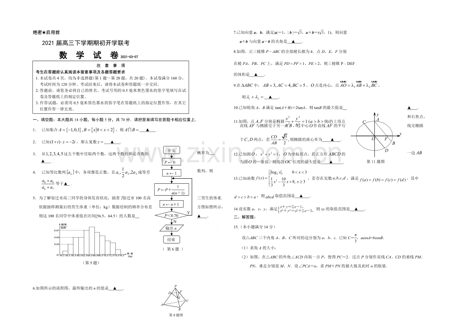 江苏省宿迁市重点中学2021届高三下学期期初开学联考数学试卷-Word版含答案.docx_第1页