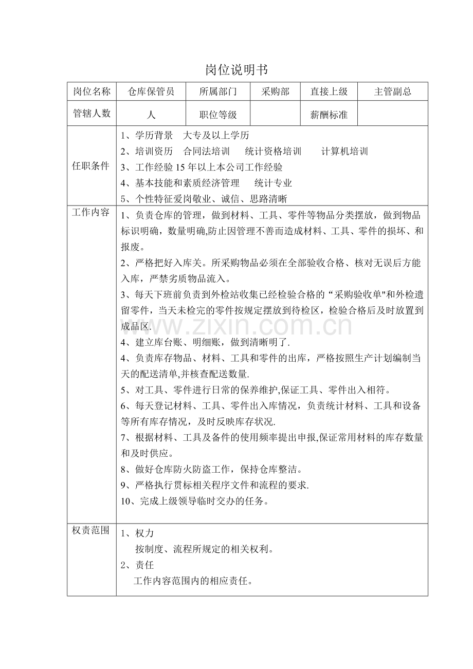 岗位说明书工作内容说明书仓库保管员CGB09.6.29.doc_第1页