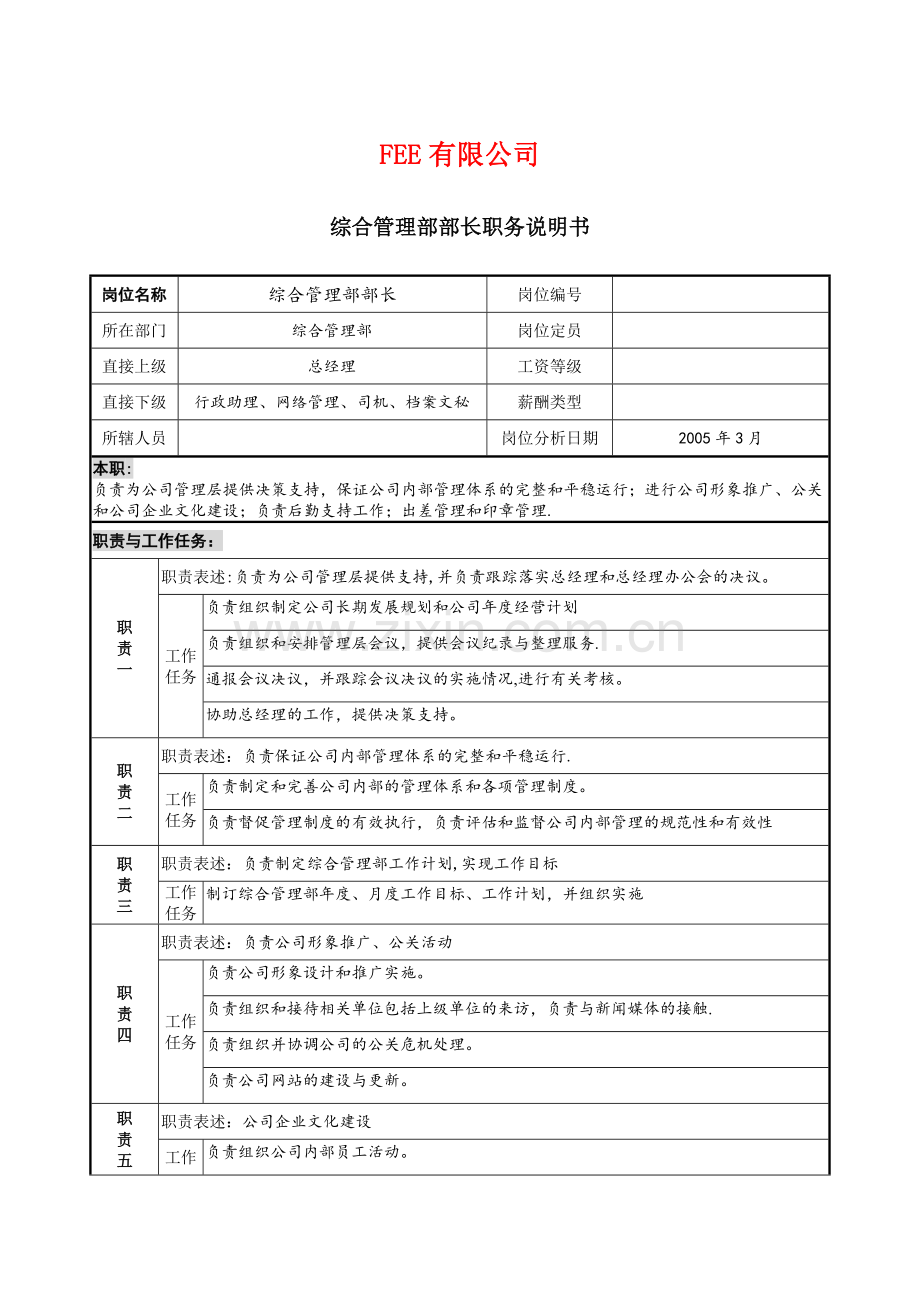 综合管理部(部长)职务说明书.doc_第1页