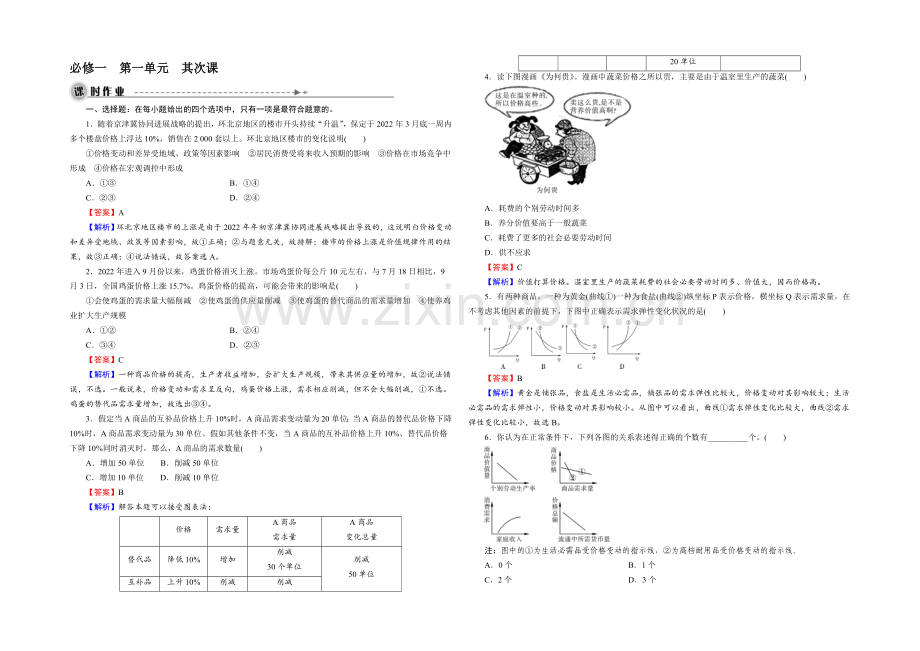 【名师面对面】2022届高三一轮总复习政治必修1同步练习：第1单元-第2课-多变的价格-.docx_第1页