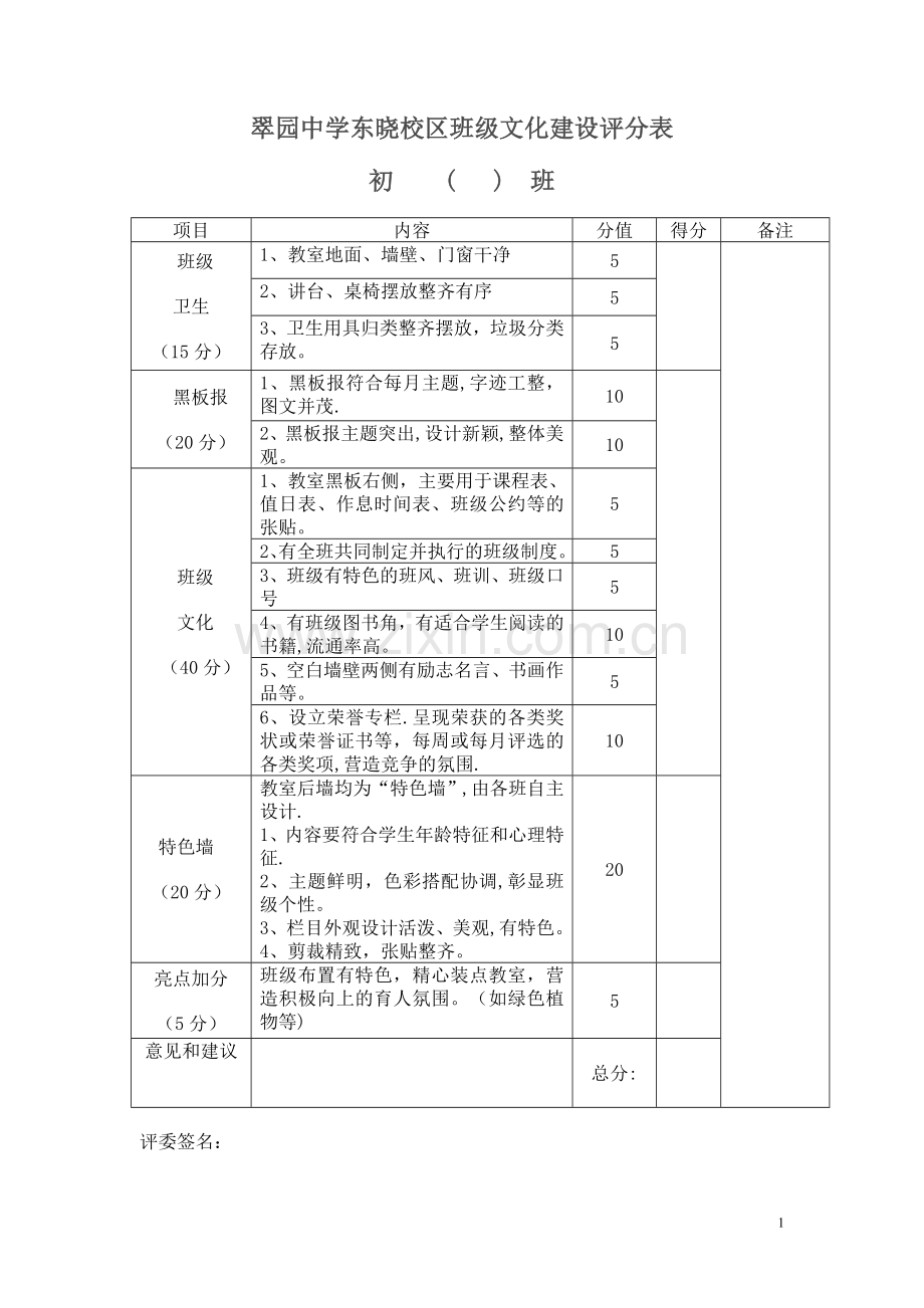 班级文化建设评分表(新).doc_第1页