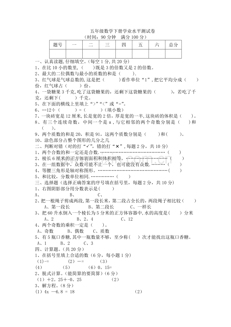 人教版小学五年级数学下册期末测试题及答案.docx_第1页