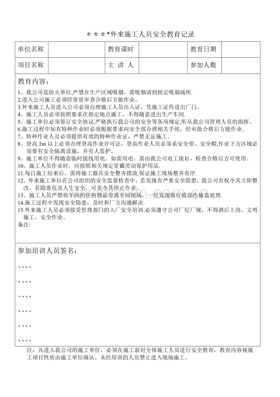 外来施工人员安全教育记录.doc_第1页