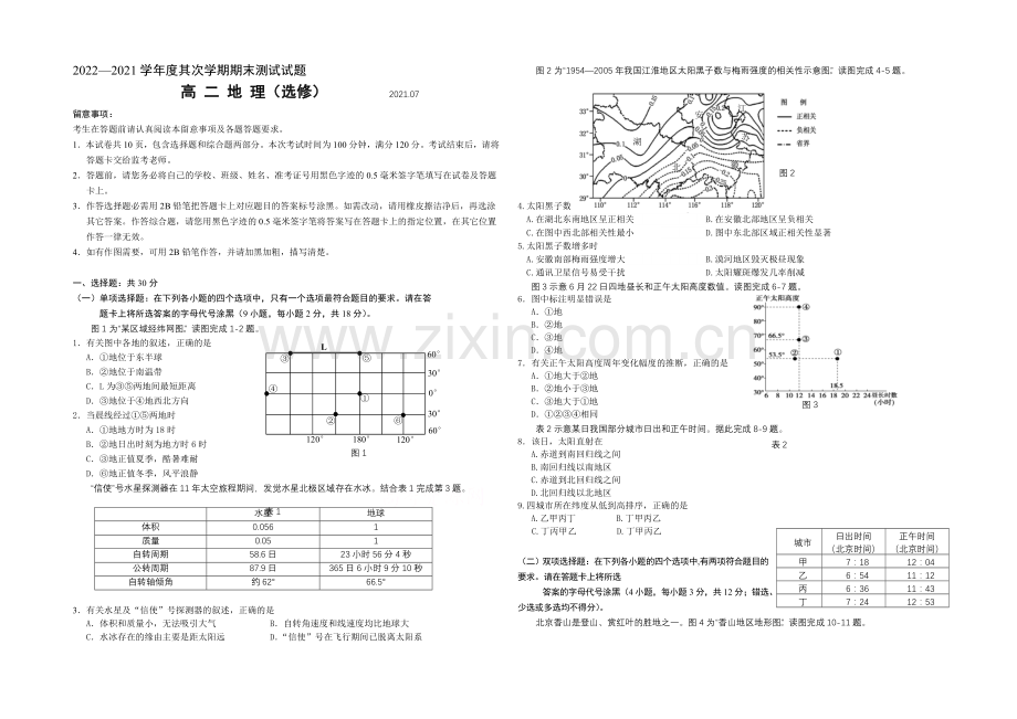 江苏省扬州市2020-2021学年高二下学期期末考试-地理-Word版含答案.docx_第1页