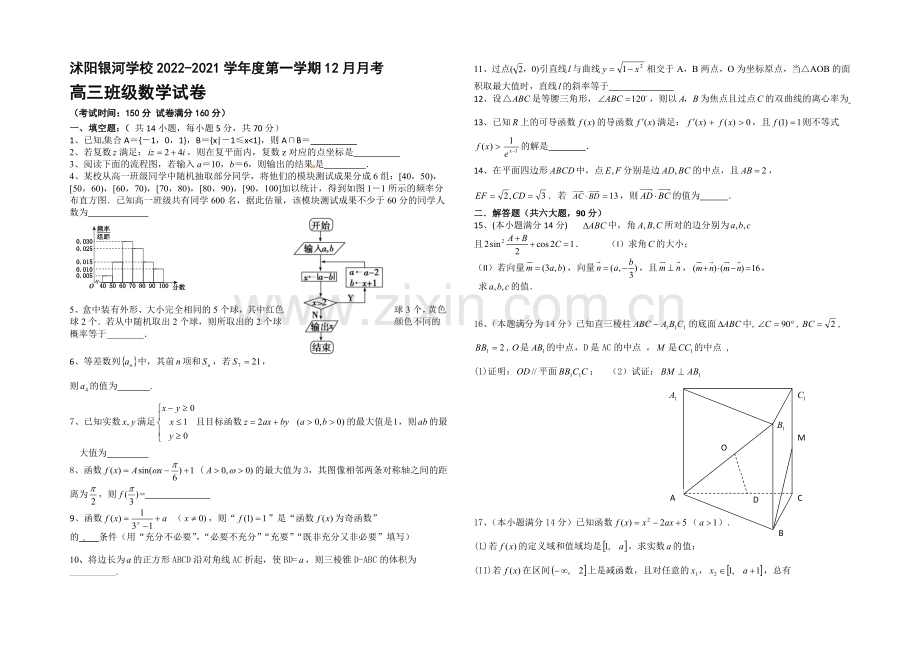 江苏省宿迁市沭阳银河学校2021届高三上学期12月月考-数学-Word版含答案.docx_第1页