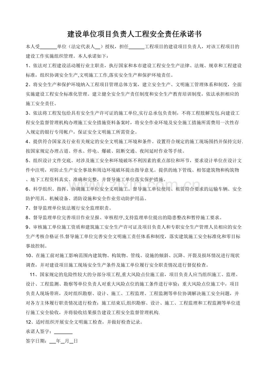 建设单位项目负责人工程安全责任承诺书.doc_第1页