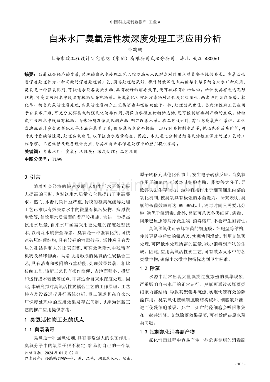 自来水厂臭氧活性炭深度处理工艺应用分析.pdf_第1页