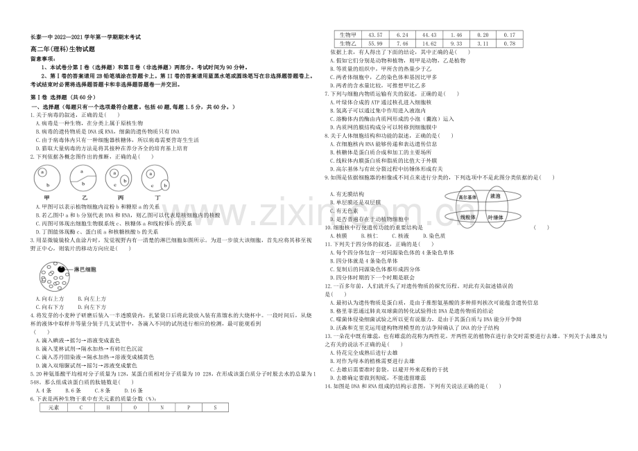 福建省长泰一中2020-2021学年高二上学期期末考试生物-Word版含答案.docx_第1页