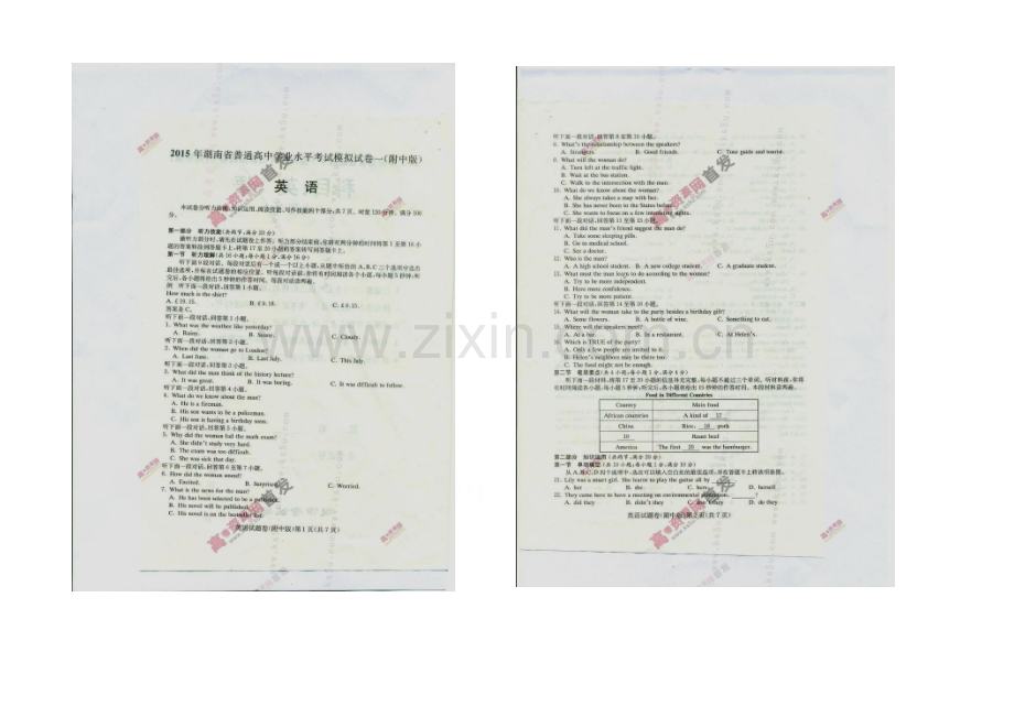 2021年湖南省普通高中学业水平考试模拟试卷一(附中版)-英语-扫描版含答案.docx_第1页