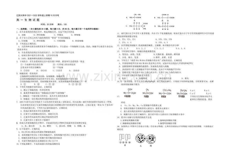 辽宁师大附中2021-2022学年高一上学期10月月考试题-生物-Word版含答案.docx_第1页