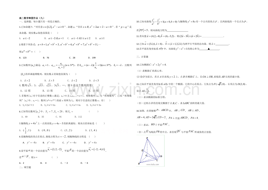 2020-2021学年高二寒假作业-数学(九)Word版含答案.docx_第1页