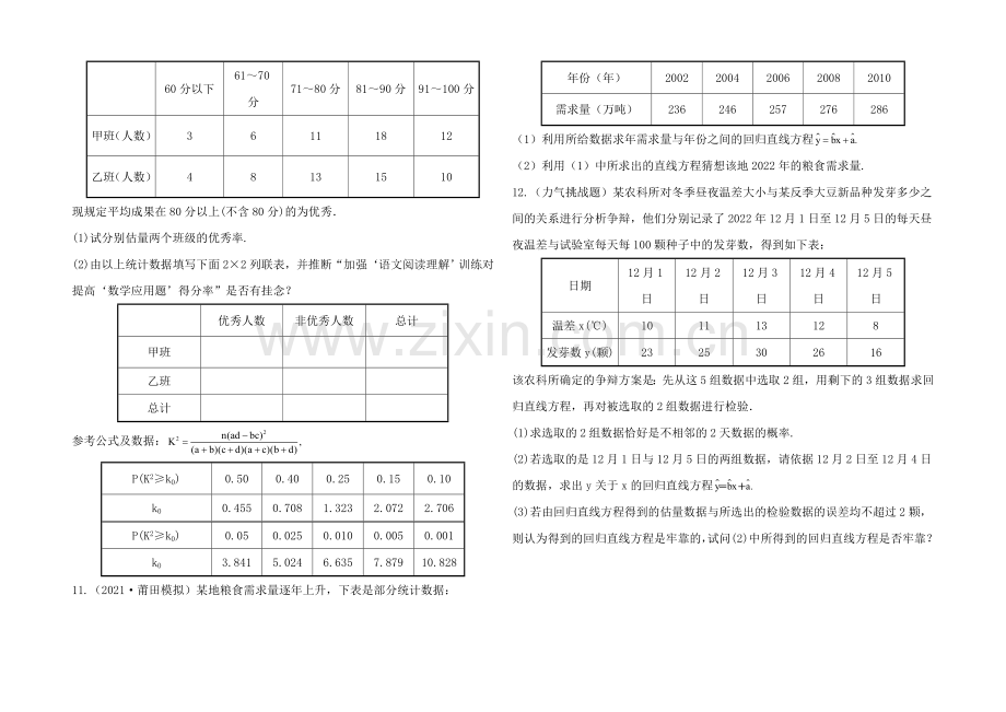 2020年人教A版数学文(广东用)课时作业：9.5变量间的相关关系与统计案例.docx_第3页