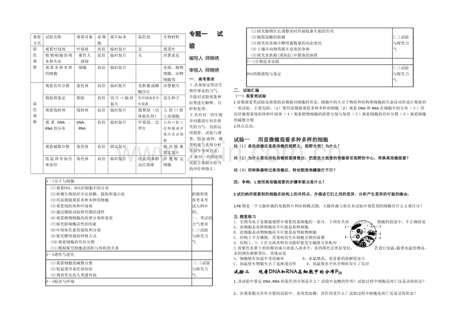 【全国百强校】山西省忻州市第一中学高三生物第二轮复习预习案：专题一-实验.docx_第1页