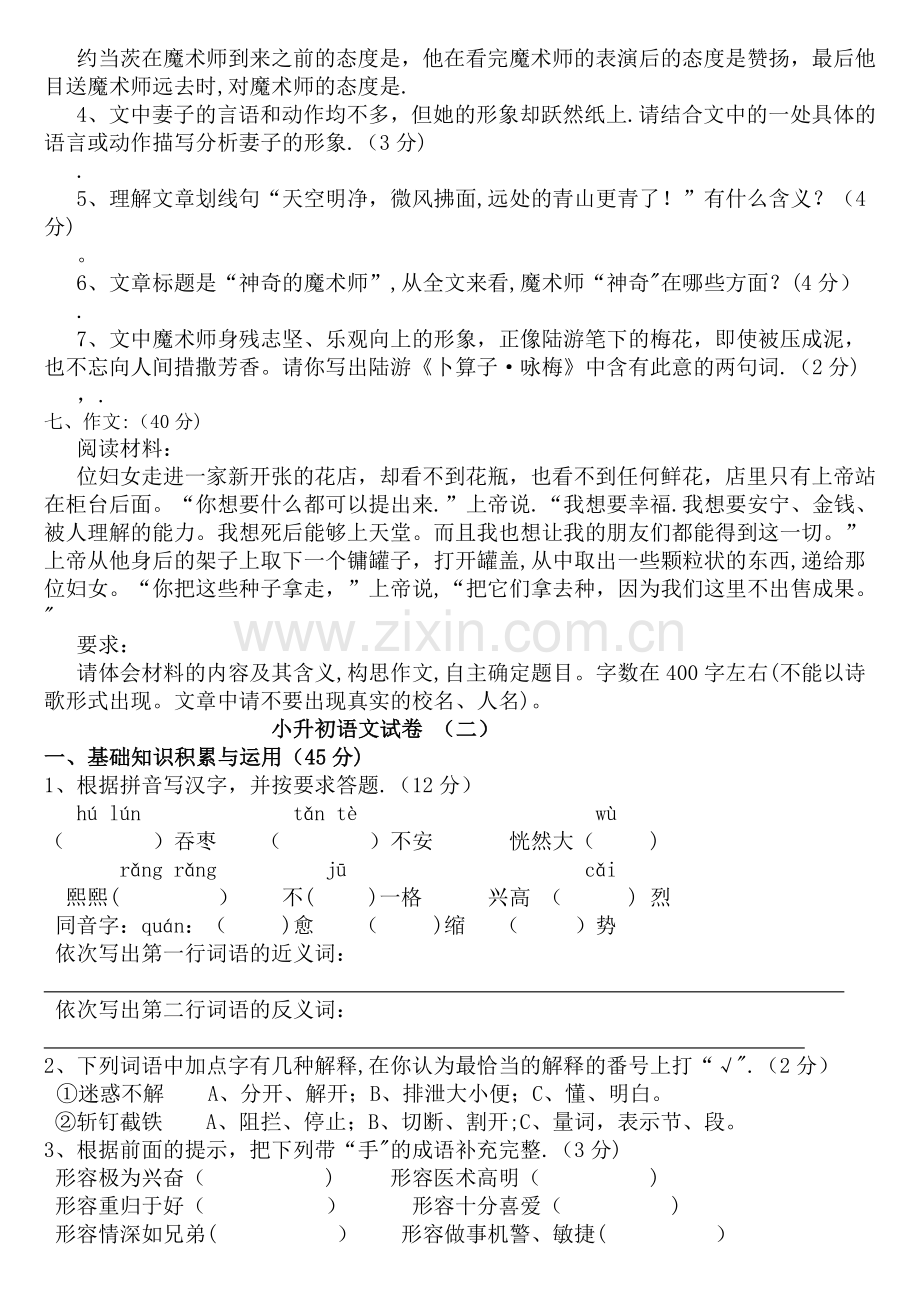 小升初语文测试卷(含答案).doc_第3页