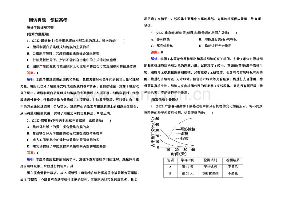 2021届高考生物二轮复习专题高考真题：第1讲-细胞的分子组成和基本结构.docx_第1页