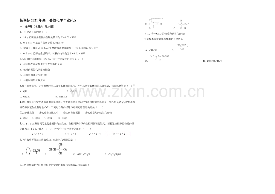 新课标2021年高一化学暑假作业(七).docx_第1页