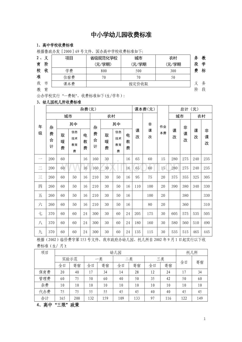 一费制规定的义务教育阶段学校收费标准(生学年).doc_第1页