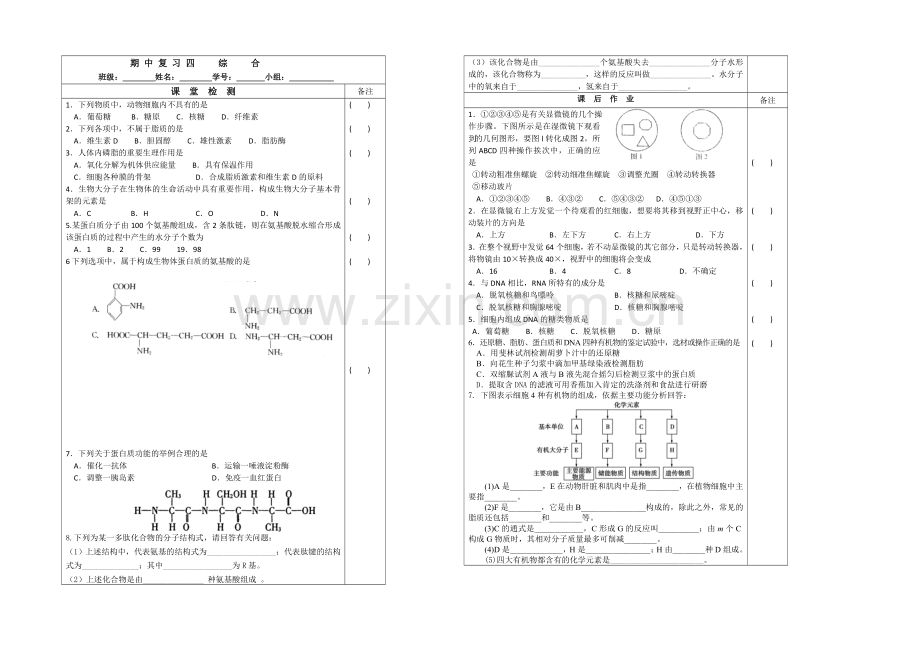 江苏省2020—2021学年第一学期高一生物检测案：期中复习(4)综合.docx_第1页