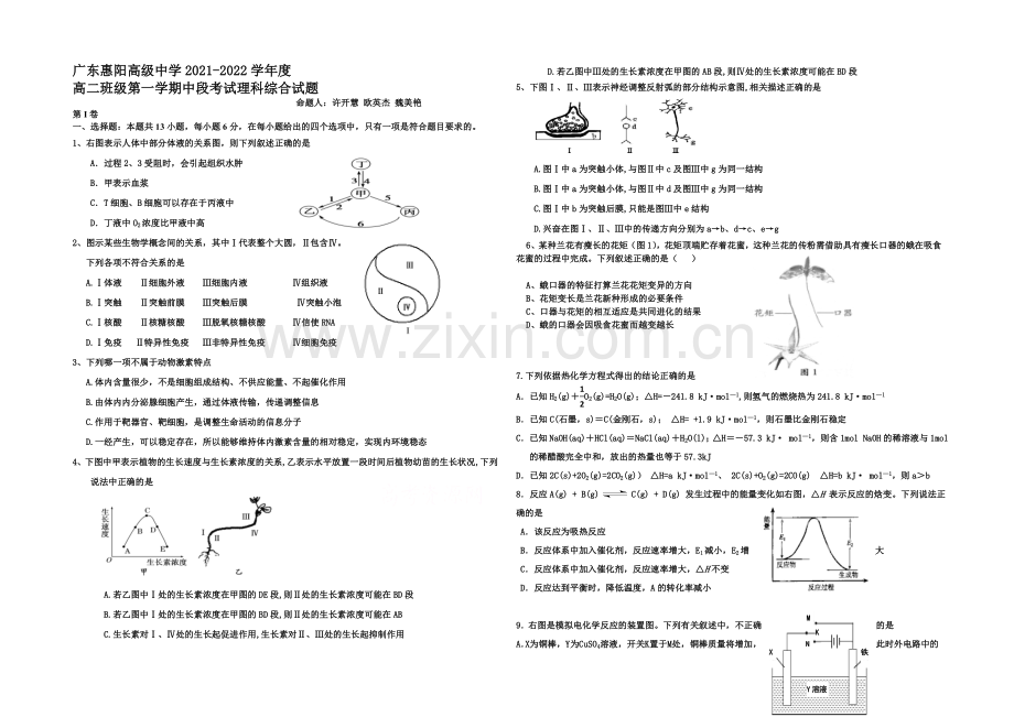 广东省惠阳高级中学2021-2022学年高二上学期期中考试理综试题-Word版含答案.docx_第1页