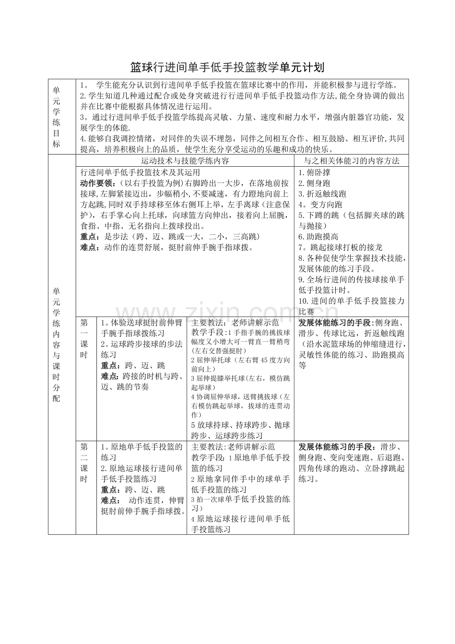 篮球行进间单手低手投篮教学单元计划.doc_第1页