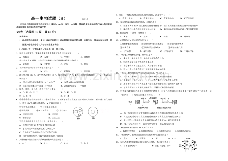 山东省菏泽市2020-2021学年高一上学期期末考试生物试卷(B)word版含答案.docx_第1页