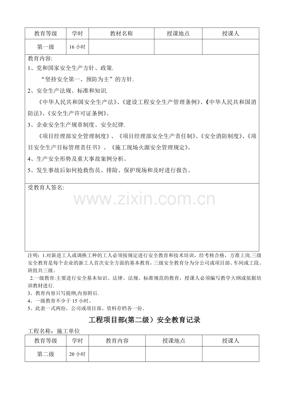 新工人入场三级安全教育表(含教育内容记录).doc_第2页