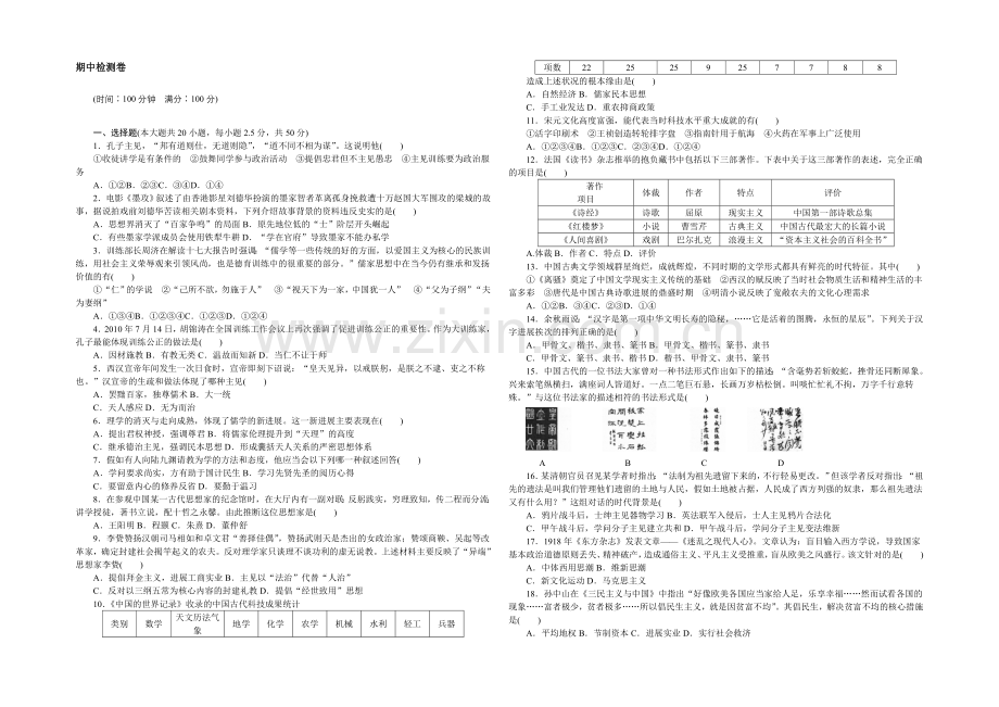 2021-2022学年高二历史人民版必修3-期中检测-Word版含解析.docx_第1页