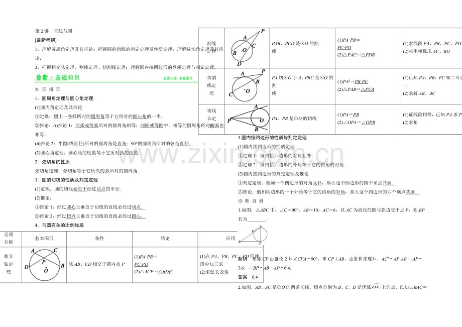 2021年高考数学(四川专用-理)一轮复习考点突破：选修4-1-第2讲-直线与圆.docx_第1页