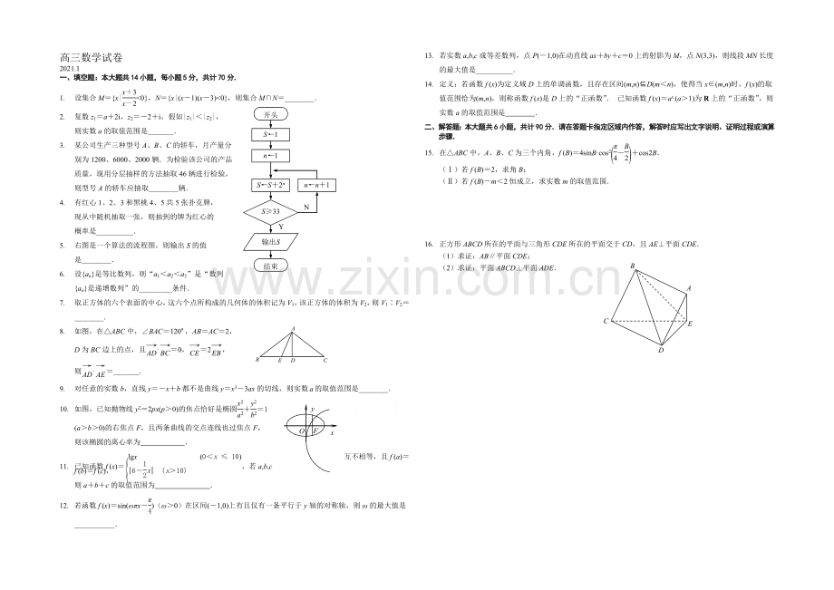 江苏省扬州中学2021届高三1月月考数学试题word版含答案.docx_第1页