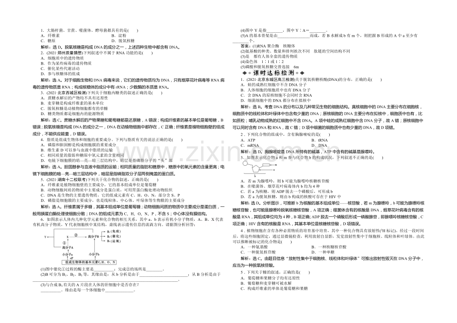 2021年高考生物(人教版)一轮复习强化练习：遗传信息的携带者——核酸细胞中的糖类和脂质.docx_第1页