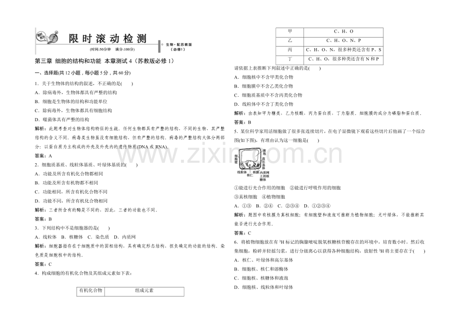 2021年高一生物同步练习：3章-细胞的结构和功能-测试4(苏教版必修1)-.docx_第1页