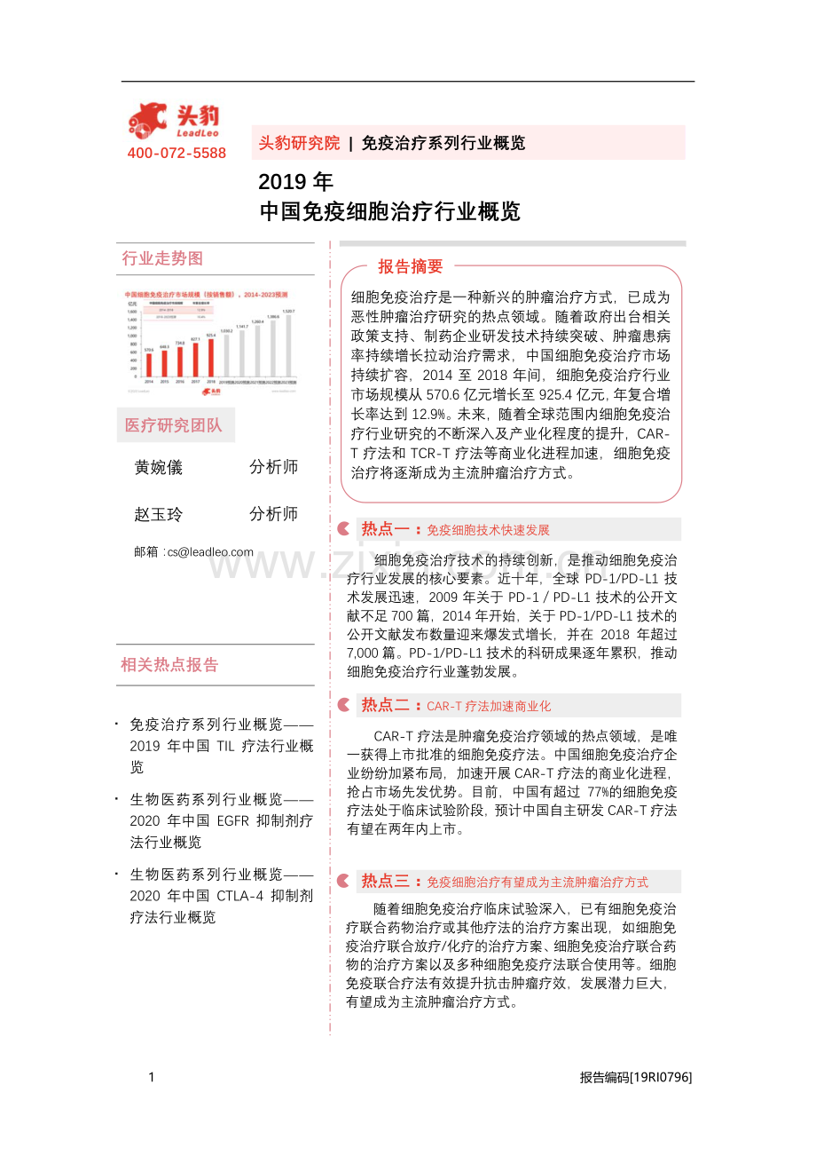 2019年中国免疫细胞治疗行业概览.pdf_第1页