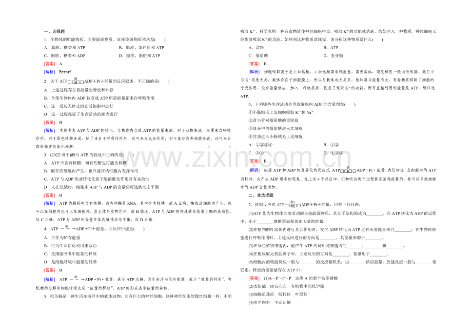 【2022成才之路】(人教版)生物必修1同步测试：第5章-细胞的能量供应与应用第2节-.docx_第2页