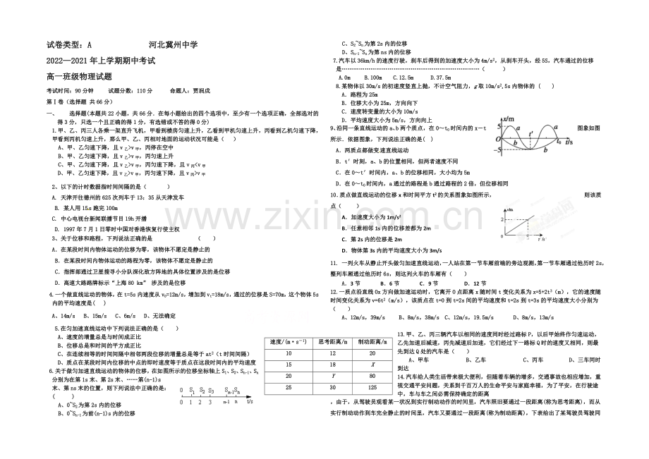 河北省冀州中学2020-2021学年高一上学期期中考试物理试题Word版含答案.docx_第1页