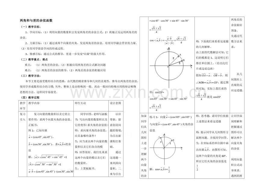 高中数学(北师大版)必修四教案：3.2-两角和与差的余弦函数-参考教案.docx_第1页