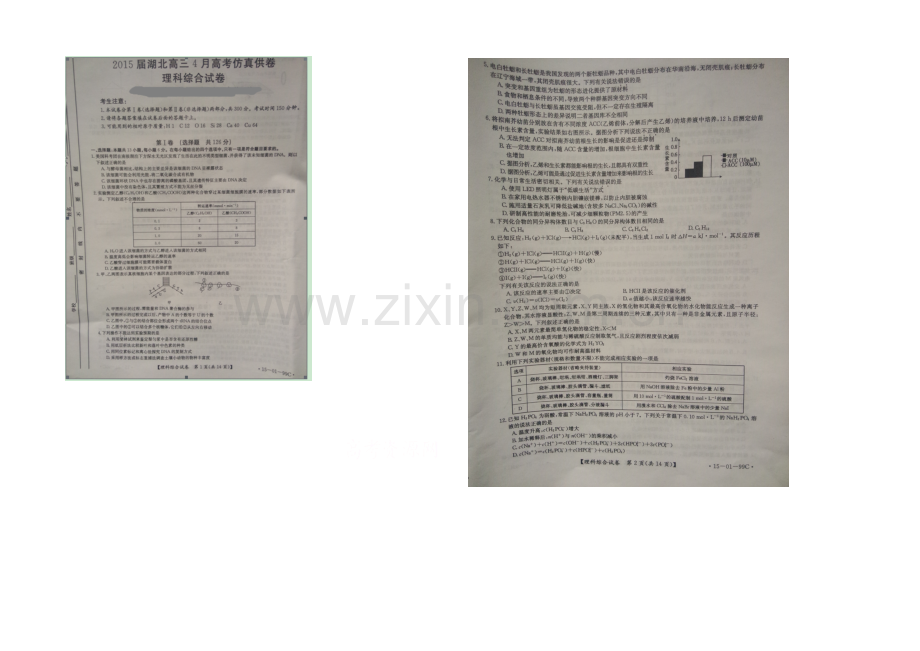 湖北省2021届高三下学期4月仿真考试理科综合试题扫描版含答案.docx_第1页