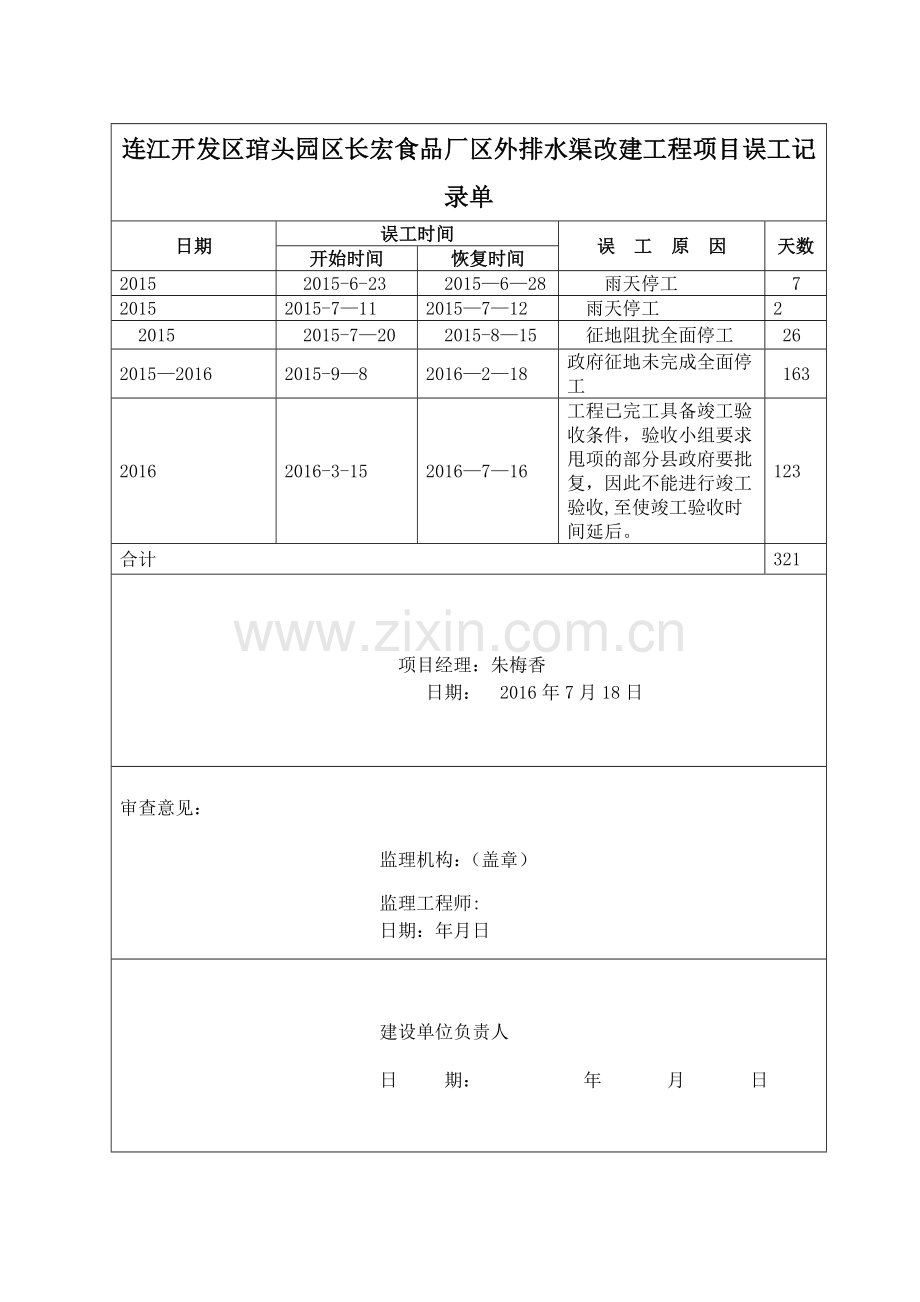 工程项目误工记录单.doc_第1页