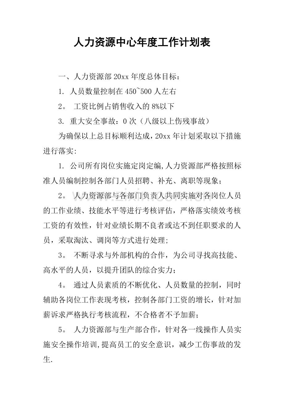 人力资源中心年度工作计划表.docx_第1页