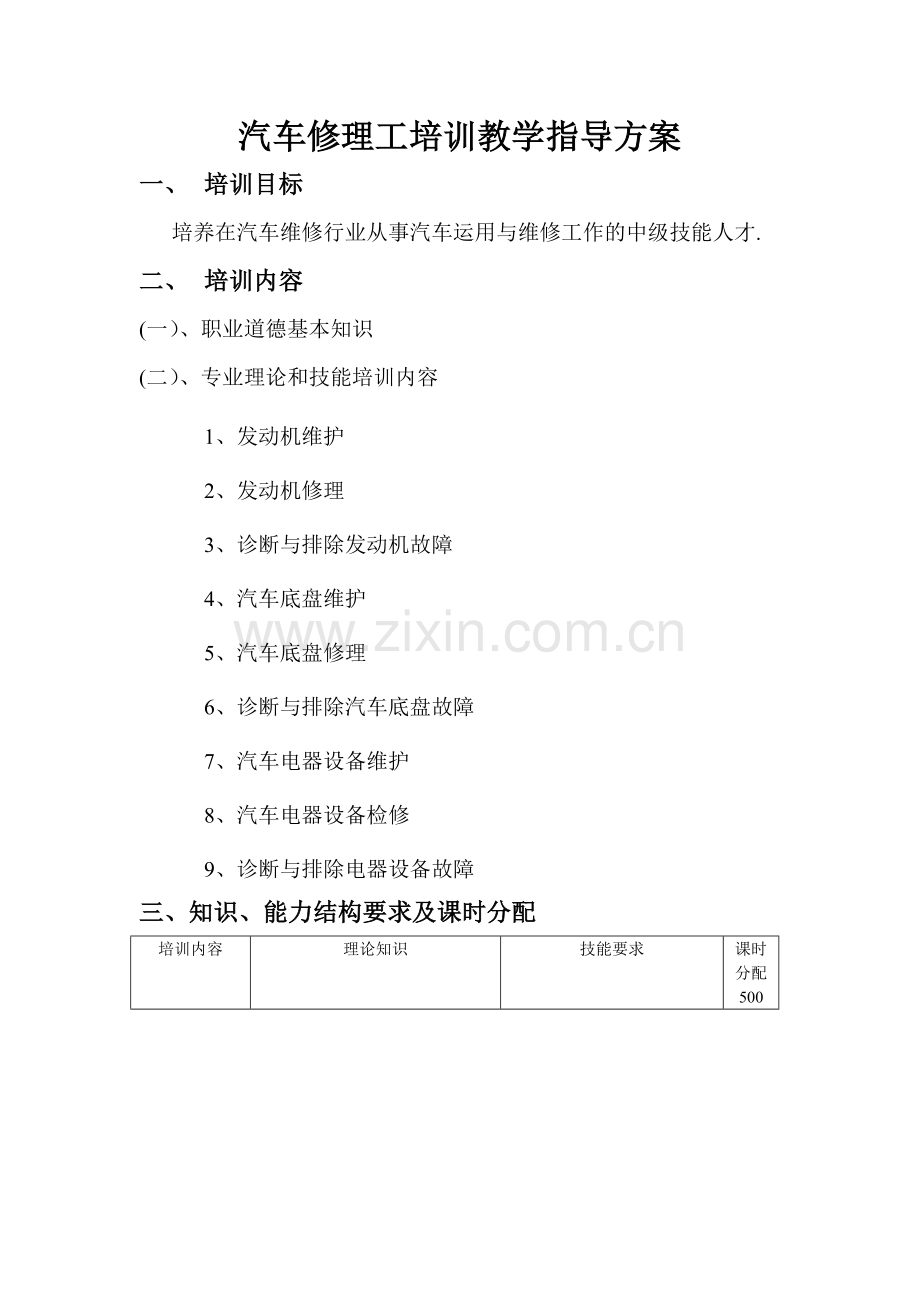 汽车修理工培训教学指导方案...doc_第1页