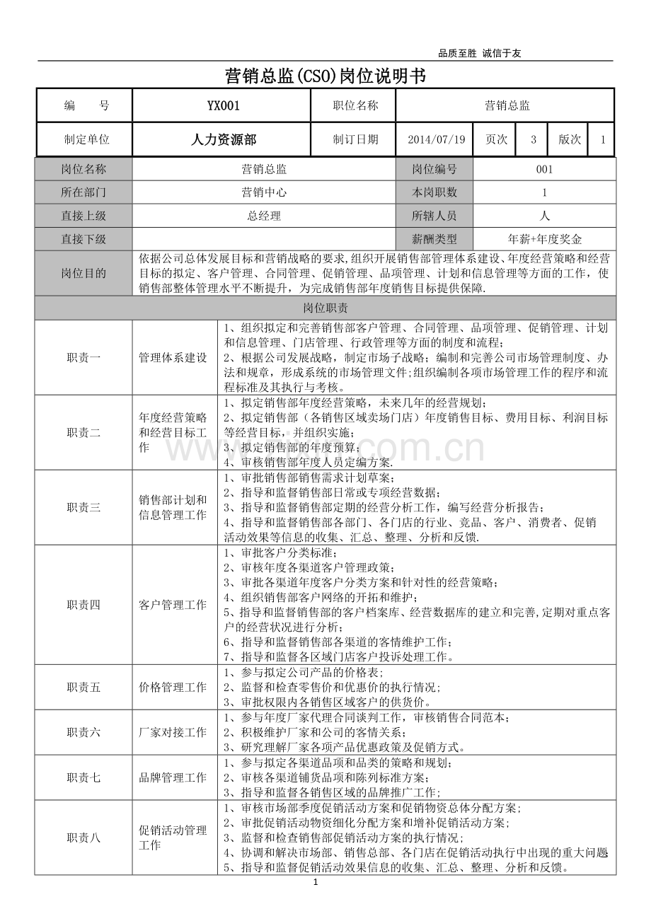 营销总监(CSO)岗位说明书.docx_第1页