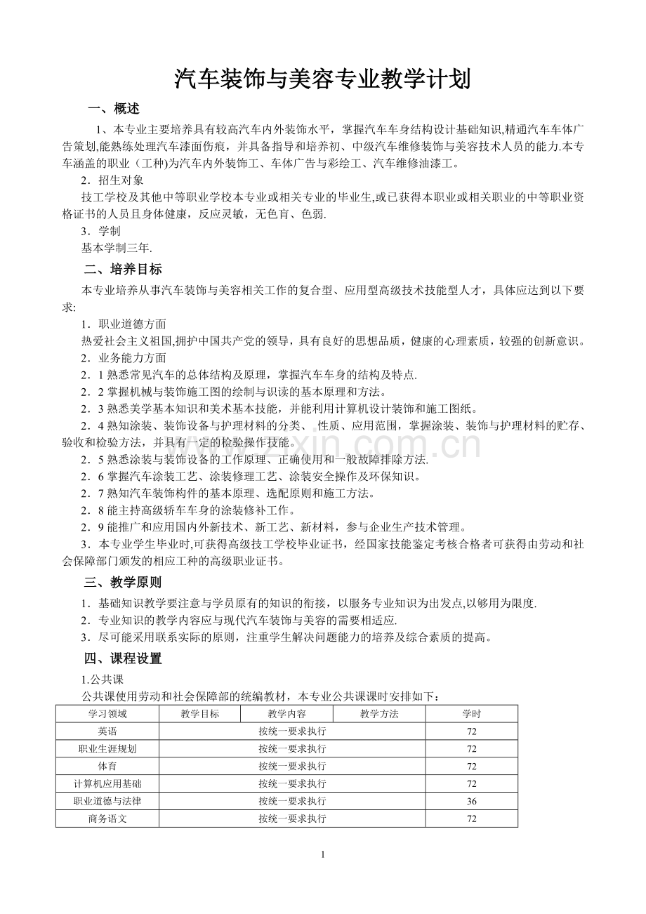 汽车装饰与美容专业教学计划(完整).doc_第1页