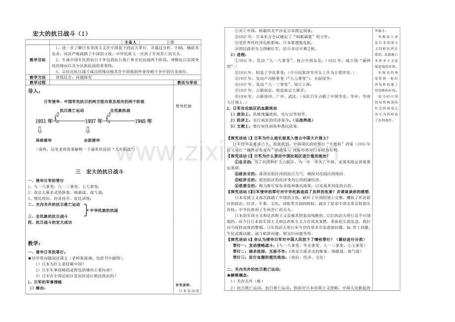 【备课参考】高中历史人民版必修1同步教案：2.3-伟大的抗日战争.docx_第1页