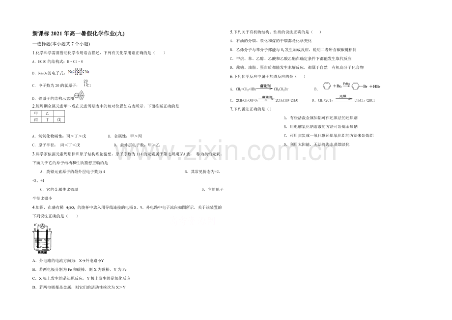 新课标2021年高一化学暑假作业(九).docx_第1页